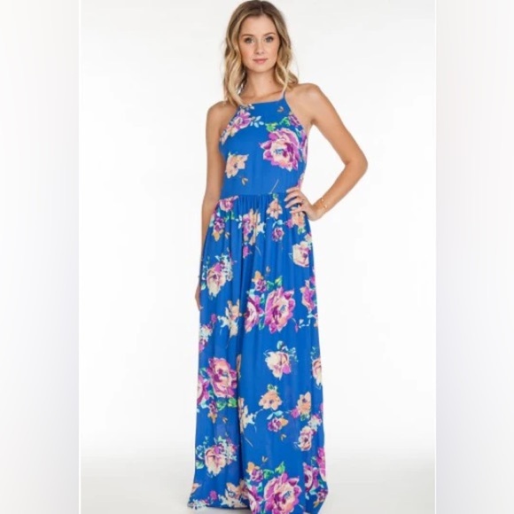 Everly blue and purple high neck sleeveless floral maxi dress size small - Picture 1 of 6